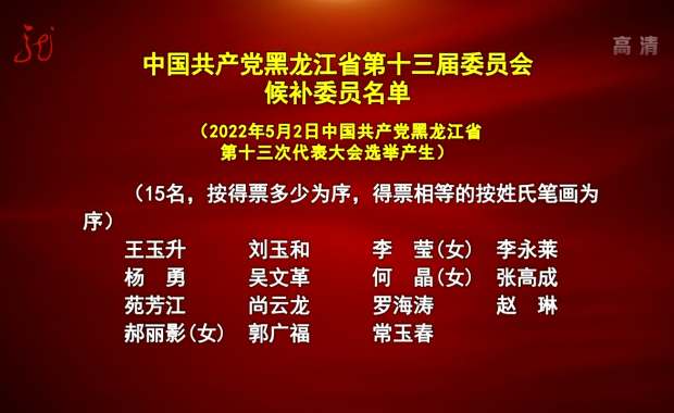 中国共产党黑龙江省第十三届委员会候补委员名单